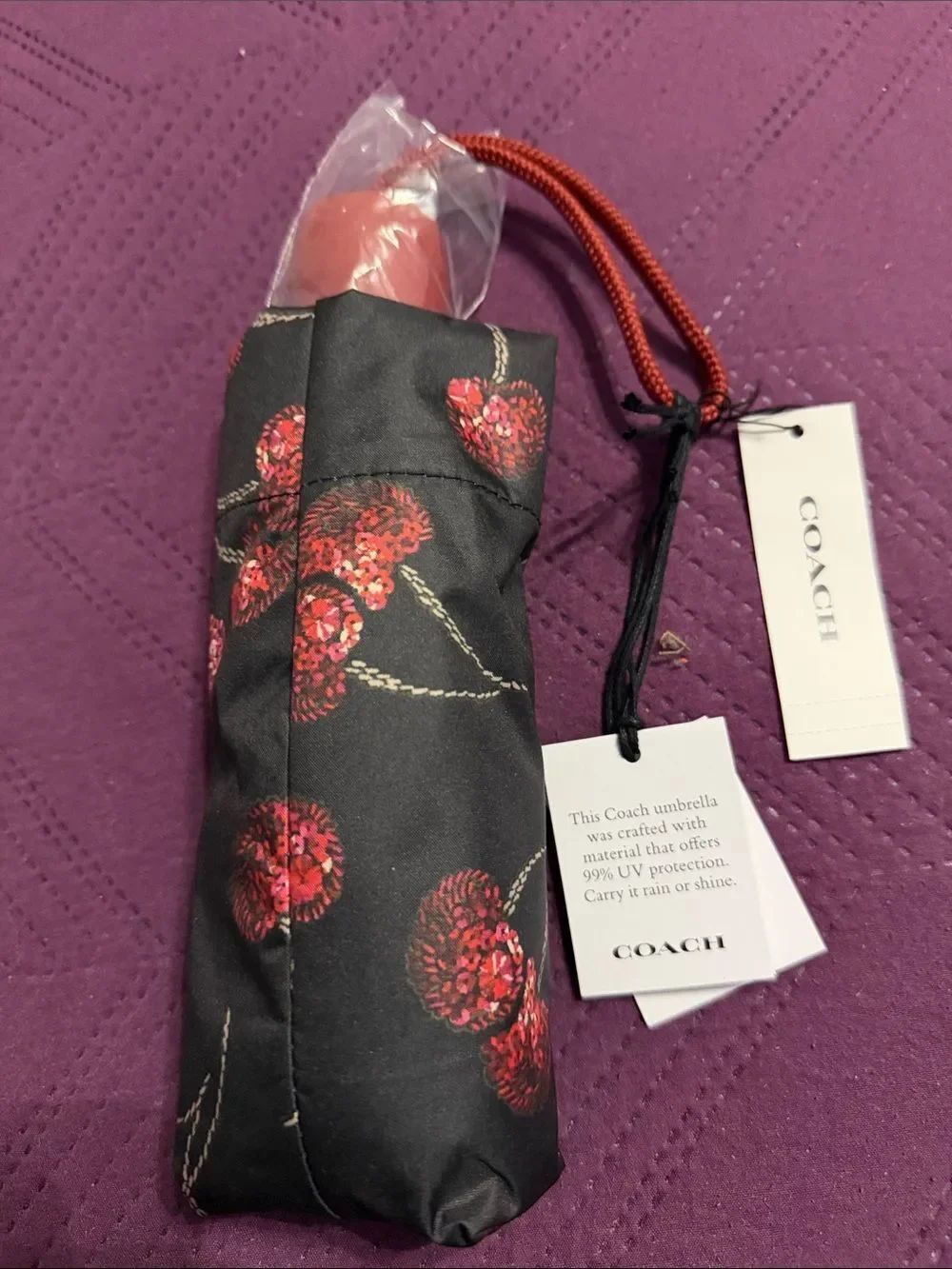 Coach Black Compact Umbrella with Red Cherry Print
